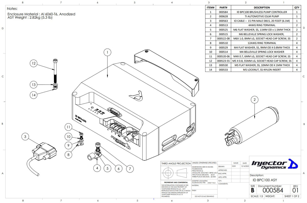 injector dynamics bpc100 exploded view engineering drawing with parts list