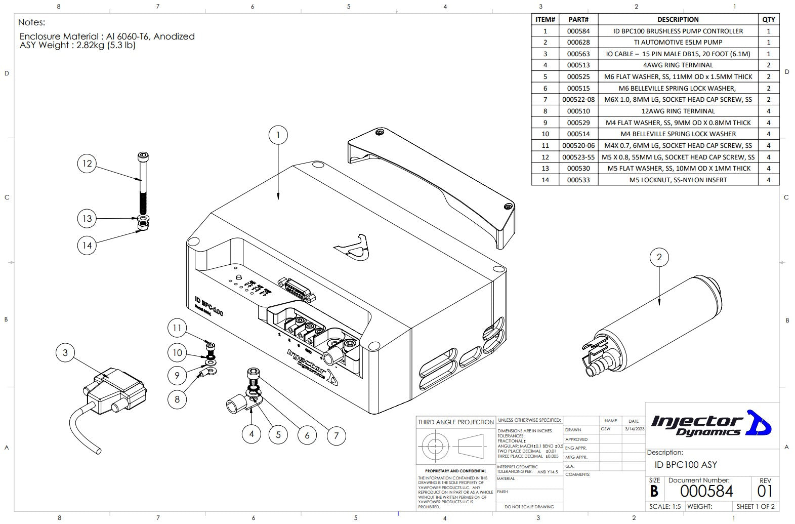 injector dynamics bpc100 exploded view engineering drawing with parts list