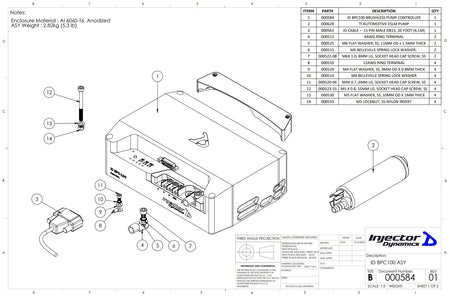 injector dynamics bpc100 exploded view engineering drawing with parts list
